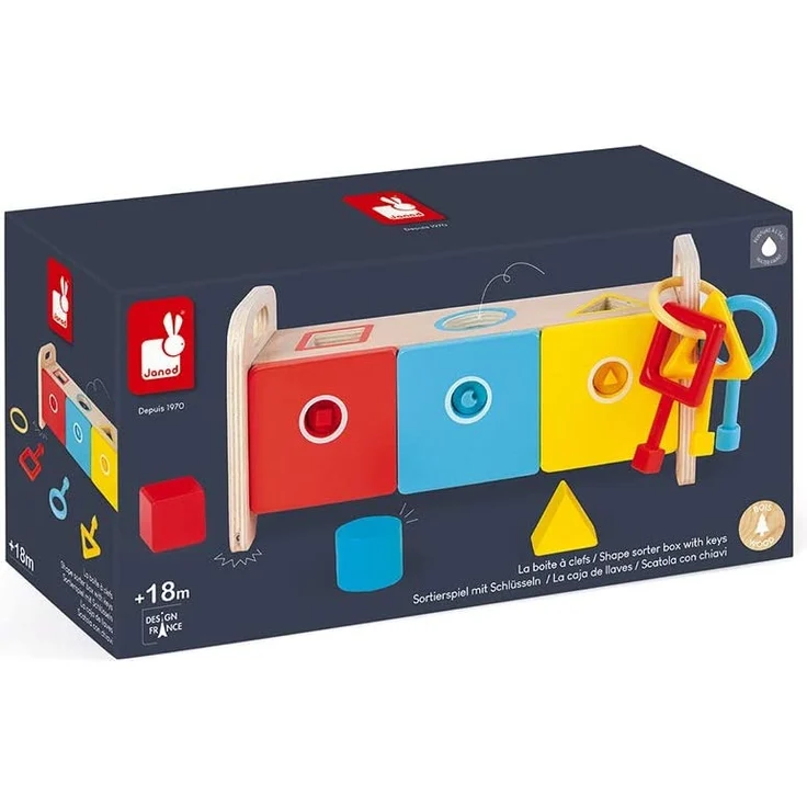 Janod - Essentiel - Der Schlüsselkasten - 2-in-1 Lernspiel aus Holz Babys und Kleinkinder - Erlernen von Formen und Farben und Feinmotorik - Farbe auf Wasserbasis - Ab 18 Monaten, J05065 – Bild 9