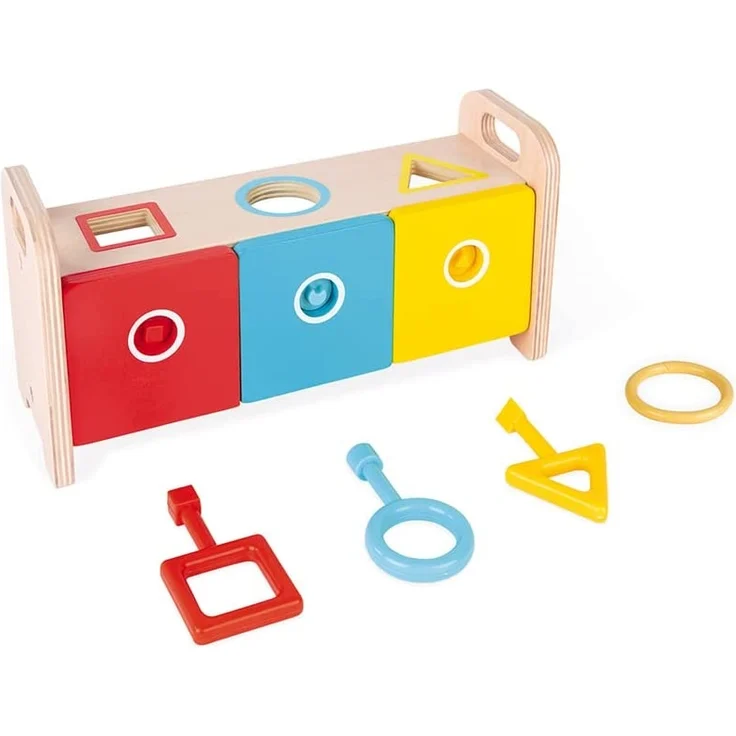Janod - Essentiel - Der Schlüsselkasten - 2-in-1 Lernspiel aus Holz Babys und Kleinkinder - Erlernen von Formen und Farben und Feinmotorik - Farbe auf Wasserbasis - Ab 18 Monaten, J05065 – Bild 7
