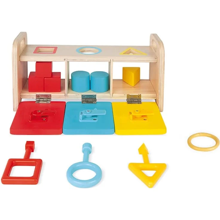 Janod - Essentiel - Der Schlüsselkasten - 2-in-1 Lernspiel aus Holz Babys und Kleinkinder - Erlernen von Formen und Farben und Feinmotorik - Farbe auf Wasserbasis - Ab 18 Monaten, J05065 – Bild 1