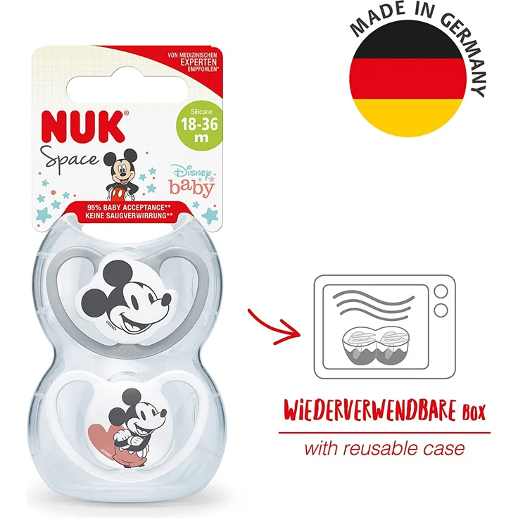 NUK Space Schnuller | 18-36 Monate | Schnuller mit extra Belüftung | BPA-freies Silikon | Disney Mickey Maus | grau und weiß | 2 Stück – Bild 6