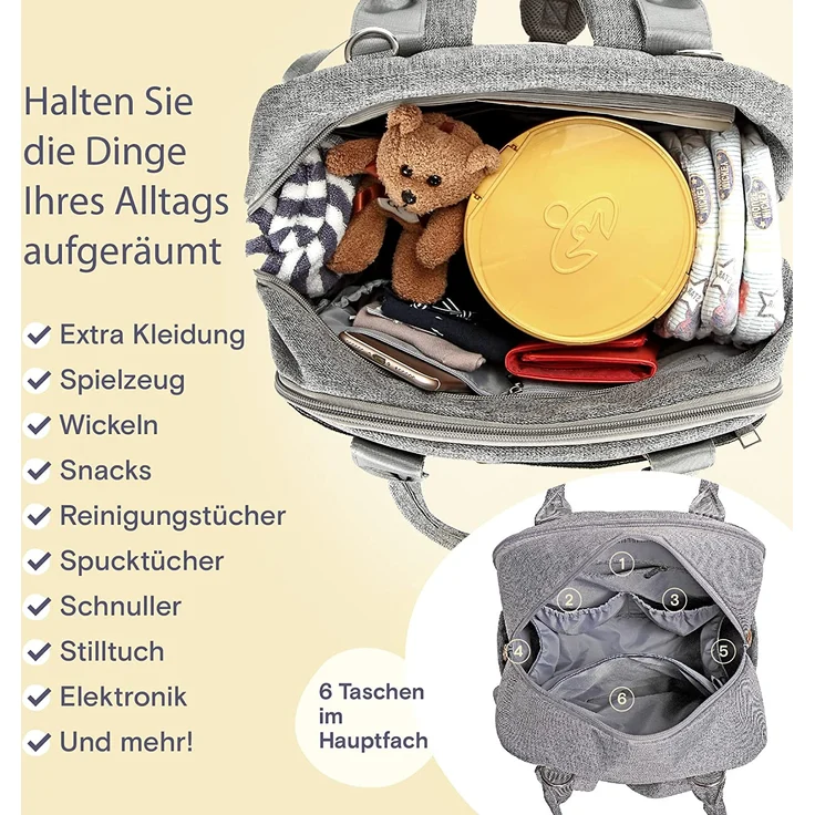 RUVALINO Wickeltasche Rucksack Großer Wickelrucksack mit multifunktionalen Babytaschen und mobiler Wickelauflage - Schnullerhalter - für Mama und Papa (Grau), Einheitsgröße – Bild 4