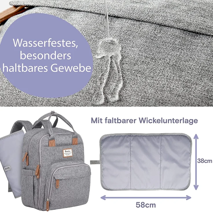 RUVALINO Wickeltasche Rucksack Großer Wickelrucksack mit multifunktionalen Babytaschen und mobiler Wickelauflage - Schnullerhalter - für Mama und Papa (Grau), Einheitsgröße – Bild 7