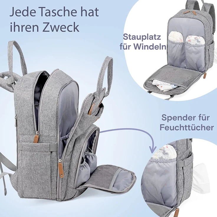 RUVALINO Wickeltasche Rucksack Großer Wickelrucksack mit multifunktionalen Babytaschen und mobiler Wickelauflage - Schnullerhalter - für Mama und Papa (Grau), Einheitsgröße – Bild 3