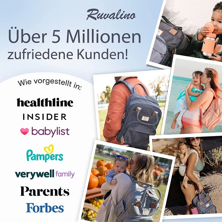 RUVALINO Wickeltasche Rucksack Großer Wickelrucksack mit multifunktionalen Babytaschen und mobiler Wickelauflage - Schnullerhalter - für Mama und Papa (Grau), Einheitsgröße – Bild 5