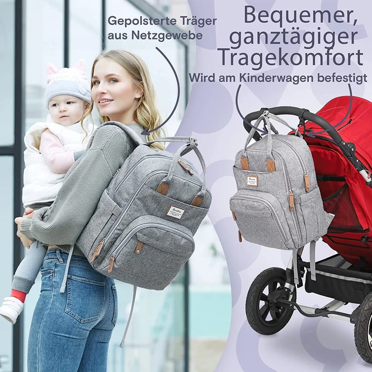 RUVALINO Wickeltasche Rucksack Großer Wickelrucksack mit multifunktionalen Babytaschen und mobiler Wickelauflage - Schnullerhalter - für Mama und Papa (Grau), Einheitsgröße – Bild 6