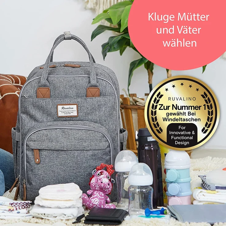 RUVALINO Wickeltasche Rucksack Großer Wickelrucksack mit multifunktionalen Babytaschen und mobiler Wickelauflage - Schnullerhalter - für Mama und Papa (Grau), Einheitsgröße – Bild 8