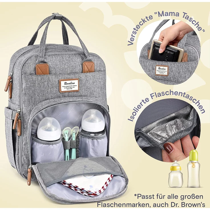 RUVALINO Wickeltasche Rucksack Großer Wickelrucksack mit multifunktionalen Babytaschen und mobiler Wickelauflage - Schnullerhalter - für Mama und Papa (Grau), Einheitsgröße – Bild 2