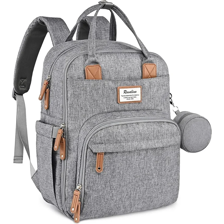 RUVALINO Wickeltasche Rucksack Großer Wickelrucksack mit multifunktionalen Babytaschen und mobiler Wickelauflage - Schnullerhalter - für Mama und Papa (Grau), Einheitsgröße – Bild 1