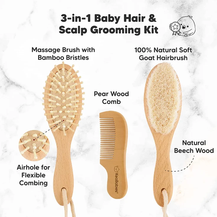 Baby Haarbürste und Baby Kamm Set - Natürliche Holz Babyhaar Haarbürste mit weichen Ziegenborsten - Baby Bürste 0-6 monate - weich Baby Bürste für Säuglinge Kleinkinder - Haarbürste Baby Set (Walnut) - Preisvergleich – Bild 2