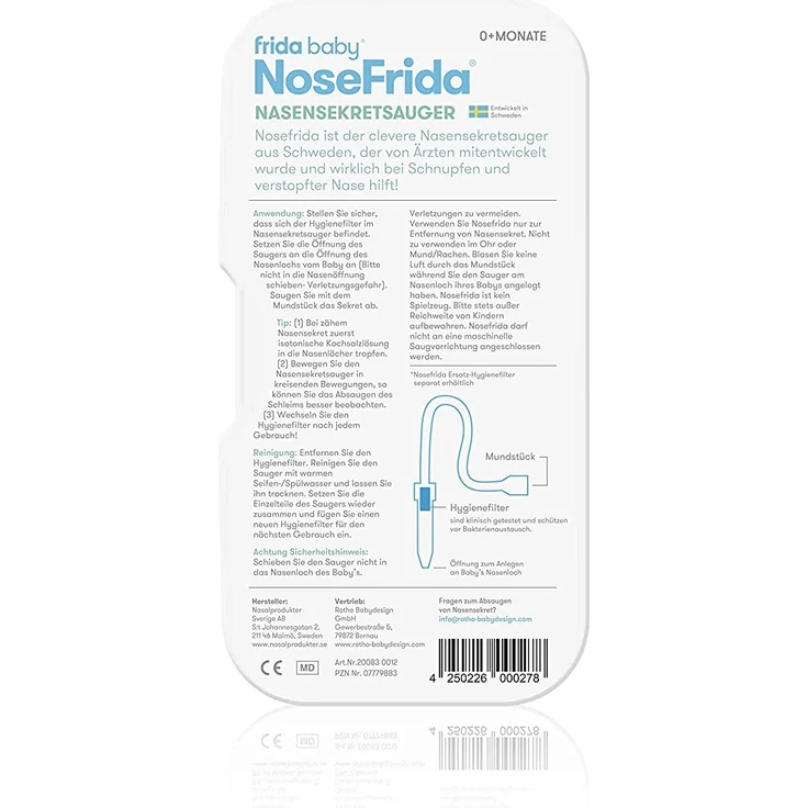 Rotho Babydesign Nasensekretsauger, Inkl. 4 Hygienefilter, Nachfüllbar, Ab 0 Monaten, NoseFrida, 50x2,3x2,3cm, Blau/Weiß, 200830012 – Bild 6