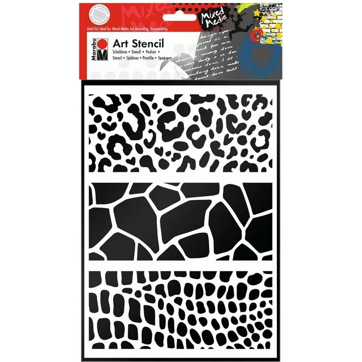 Marabu 0285000000010 - Art Stencil, Motivschablone für effektvolles Schablonieren auf Papier, Keilrahmen, Holz und Textilien, PVC - frei, lasergeschnitten, wiederverwendbar, DIN A4, Animal Print