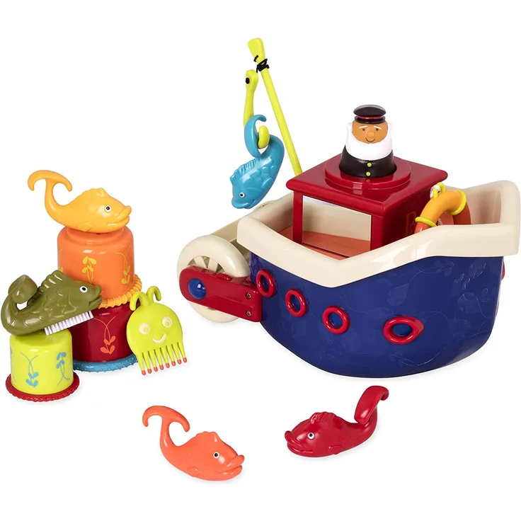 B. toys 13 Teile Badewannenspielzeug Baby mit Boot, Stapelbecher, Fische, Angelspiel Baby Spielzeug Badewanne ab 1 Jahr