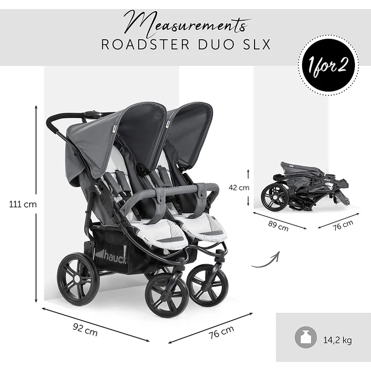 Hauck Geschwister Kinderwagen Roadster Duo SLX / 2 Kinder / Zwillinge / XL Räder / mit Liegeposition ab Geburt / Einhändig Faltbar / Belastbar bis 36 kg / Robust / Schmal / Extra Großer Korb / Grau – Bild 3