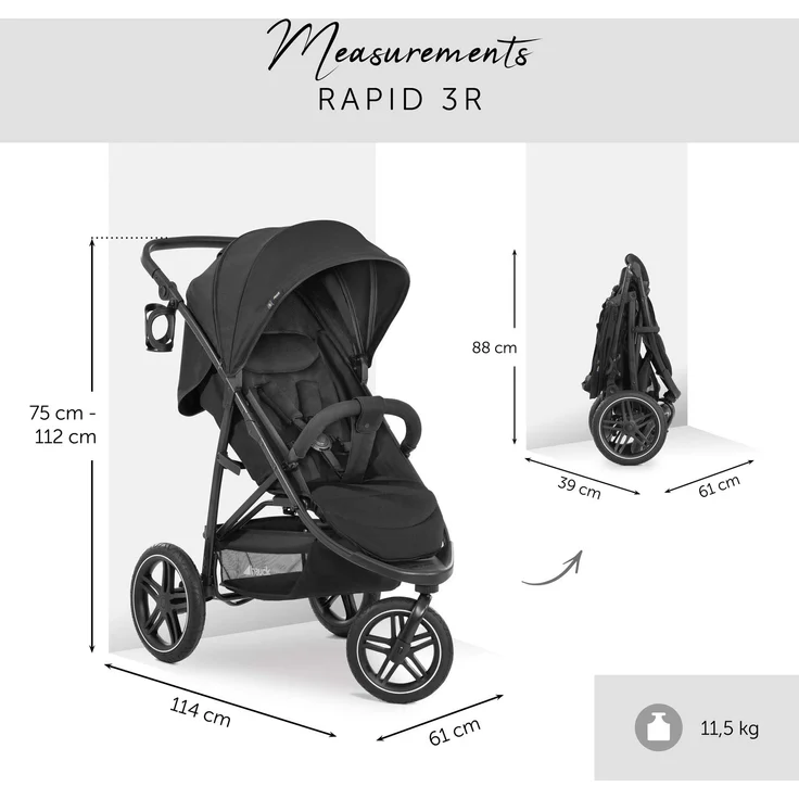 Hauck Dreirad Buggy Rapid 3R bis 25 kg, Großes Sonnenverdeck, Klein Zusammenklappbar, Höhenverstellbar, mit Liegefunktion, Große All Terrain Räder, Getränke Halter, Schwarz – Bild 2