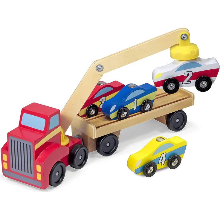 Melissa & Doug Magnetischer Autoverladekran aus Holz mit Fahrzeugen (6 Teile)