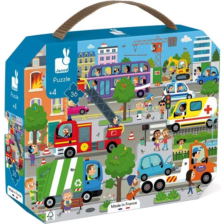 Janod - Puzzle Enfant City 36 Pièces - Jeu Educatif - Motricité Fine et Concentration - Valisette Poignée - Fabriqué en France - Certifié FSC - Encres Végétales - Dès 4 ans, J02644