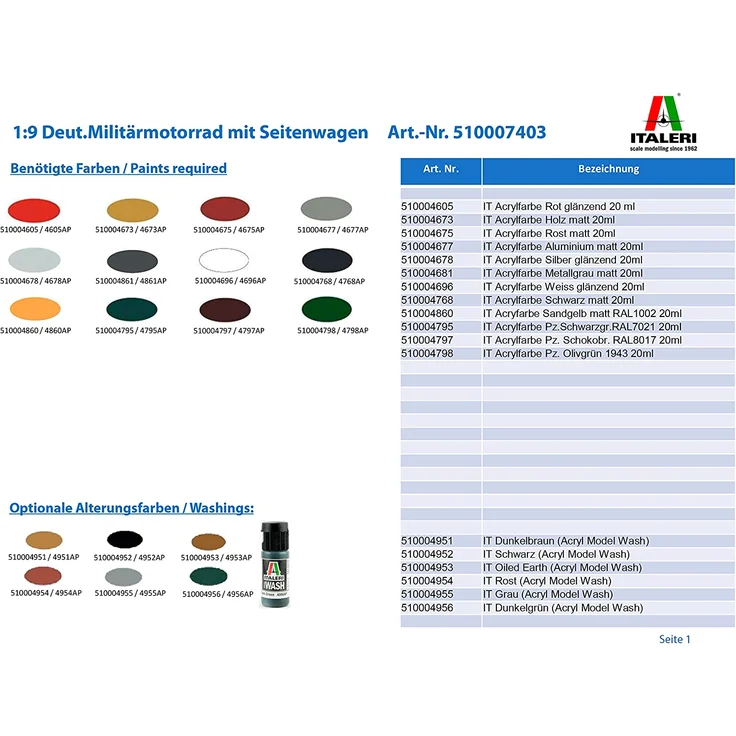 Italeri 7403 Military motorcycle model Montagesatz 1:9 German Military Motorcycle Beide Geschlechter Kunststoff – Bild 2