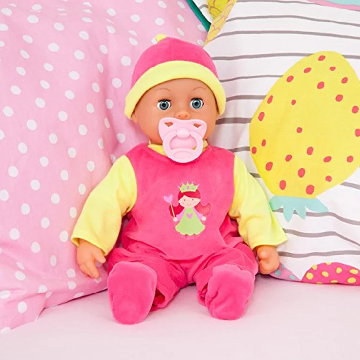 Bayer Design 9380600 - Funktionspuppe First Words Baby mit Fläschchen und Schnuller, 24 Babylaute, 38 cm, pink/grün, 93806AA – Bild 3