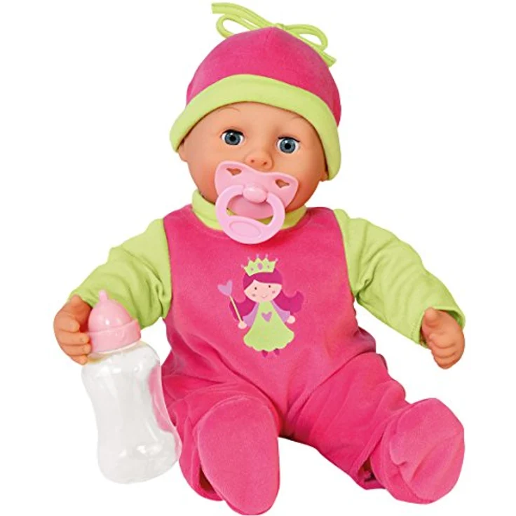Bayer Design 9380600 - Funktionspuppe First Words Baby mit Fläschchen und Schnuller, 24 Babylaute, 38 cm, pink/grün, 93806AA – Bild 1