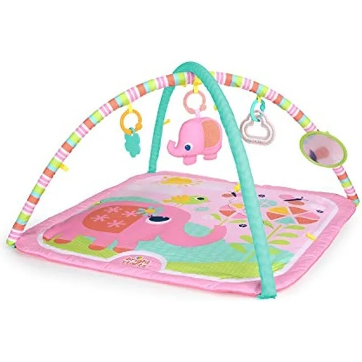 Bright Starts, Fanciful Flowers, maschinenwaschbare Spieldecke mit Spielbogen, Glocke, babysicherem Spiegel, Greifspielzeug, Rassel, pink