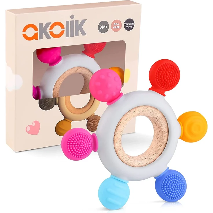 akolik Beißring für Babys, Baby Zahnen Spielzeug Beißring aus Silikon, Ruder Greifling Beißspielzeug, BPA-frei Zahnen Nursing Zubehör für 3+ Monate Babys Kleinkinder – Bild 1