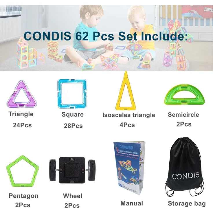 CONDIS Magnetische Bausteine 62 Teile, Magnetspielzeug Magneten Fuer Kinder Magnetbausteine Set Magnet Spielzeug Magnetspiele für Kinder Geschenk ab 3 4 5 6 7 8 Jahre Junge Mädchen Bauklötze Bausatz – Bild 6
