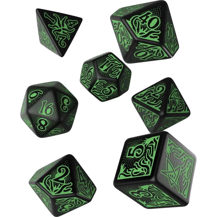 Q WORKSHOP Call of Cthulhu Black & Green RPG Ornamented Dice Set 7 Polyhedral Pieces