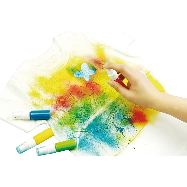Lena 42597 Bastelset Textile Styler Spray, Komplettset mit 4 Sprühfarben, 1 Glitzerfarbe zum Verzieren, 8 Schablonen und Konturenstift, Textilgestaltungsset für Kinder ab 8 Jahre, Textilsprayfarbe – Bild 6