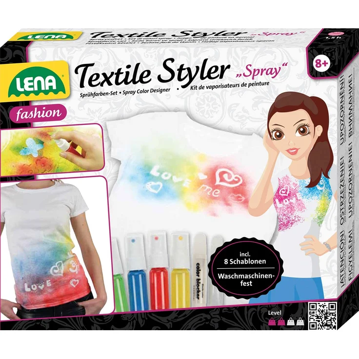 Lena 42597 Bastelset Textile Styler Spray, Komplettset mit 4 Sprühfarben, 1 Glitzerfarbe zum Verzieren, 8 Schablonen und Konturenstift, Textilgestaltungsset für Kinder ab 8 Jahre, Textilsprayfarbe – Bild 1