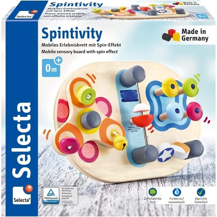 Selecta 62064 Spintivity, Motorikbrett aus Holz, 20 cm, Spinitivity