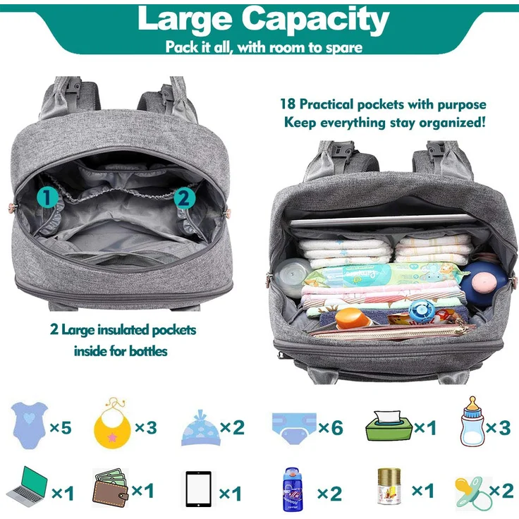 BabbleRoo Baby Wickeltasche/Rucksack, Wickelrucksack lässige Wickeltaschen, Multifunktional Große Kapazität Babytasche Reiserucksack mit Wickelauflage & Schnullerhalter (grau) – Bild 5