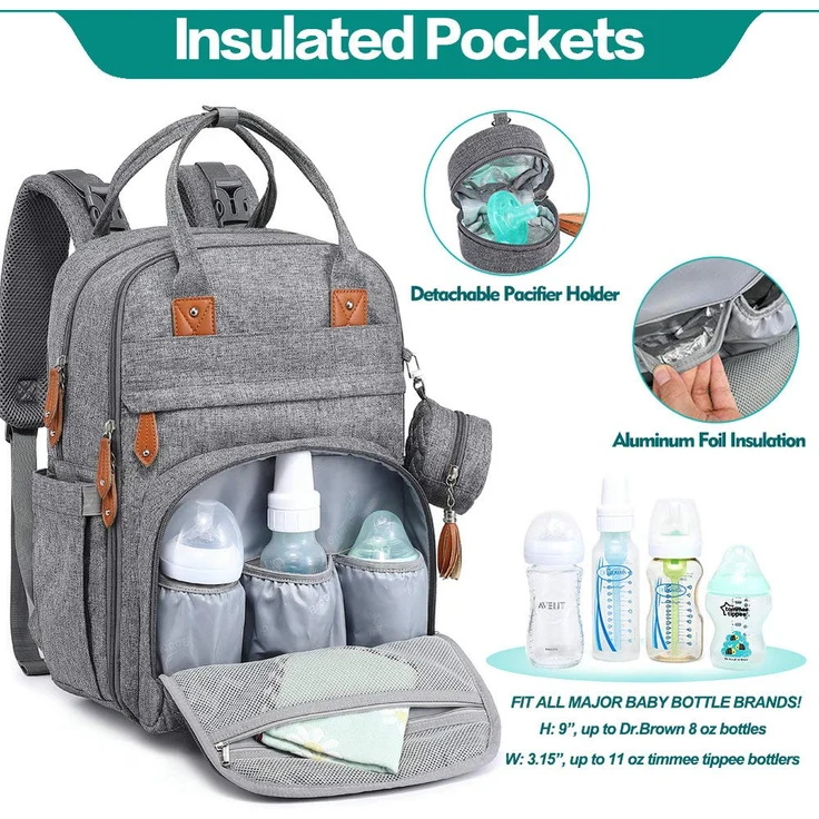 BabbleRoo Baby Wickeltasche/Rucksack, Wickelrucksack lässige Wickeltaschen, Multifunktional Große Kapazität Babytasche Reiserucksack mit Wickelauflage & Schnullerhalter (grau) – Bild 3