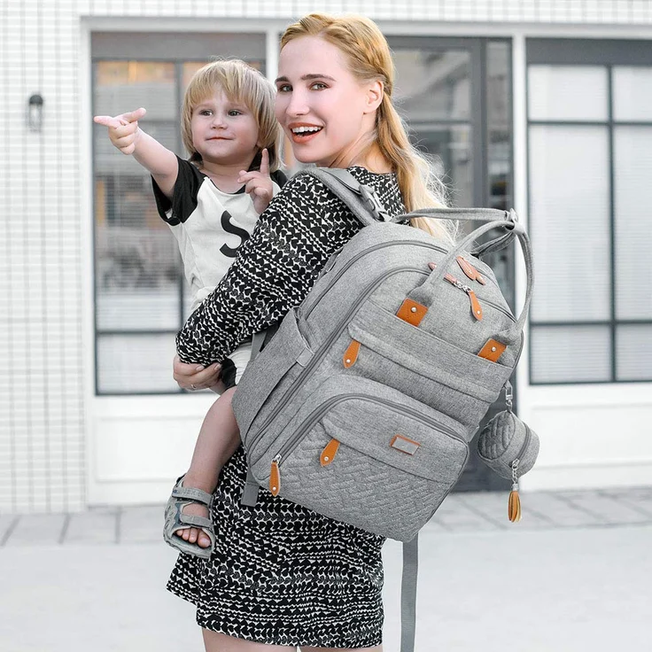 BabbleRoo Baby Wickeltasche/Rucksack, Wickelrucksack lässige Wickeltaschen, Multifunktional Große Kapazität Babytasche Reiserucksack mit Wickelauflage & Schnullerhalter (grau) – Bild 7