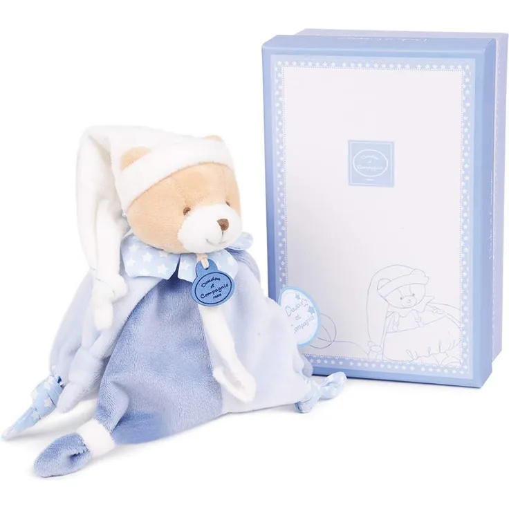 DOUDOU 22714 Kleiner Bär mit Schnullerhalter 17cm