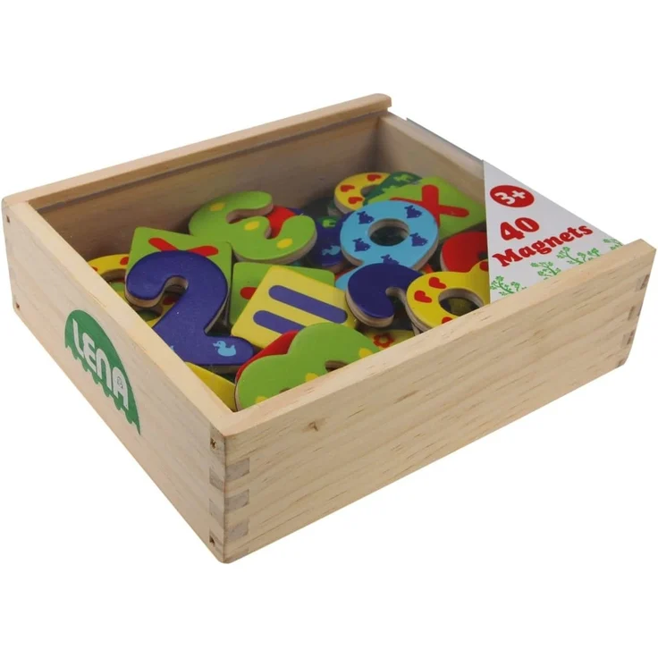 Lena 65824 Magnet Zahlen und Rechenzeichen in Holzkiste, mit 40 magnetischen Zeichen zum Rechnen in verschließbarer Kiste aus Holz, Rechenset mit Holzzahlen für Kinder ab 3 Jahre, Mehrfarbig – Bild 1