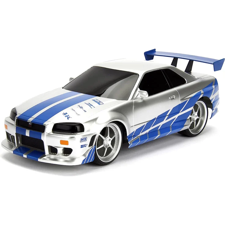 Jada Toys Fast & Furious RC-Auto, 2002 Nissan Skyline GT-R, R34, Ferngesteuertes Auto, Turbofunktion, 2-Kanal Funkfernbedienung, USB-Ladefunktion, inkl. Batterien, 1:16, blau/Silber – Bild 2