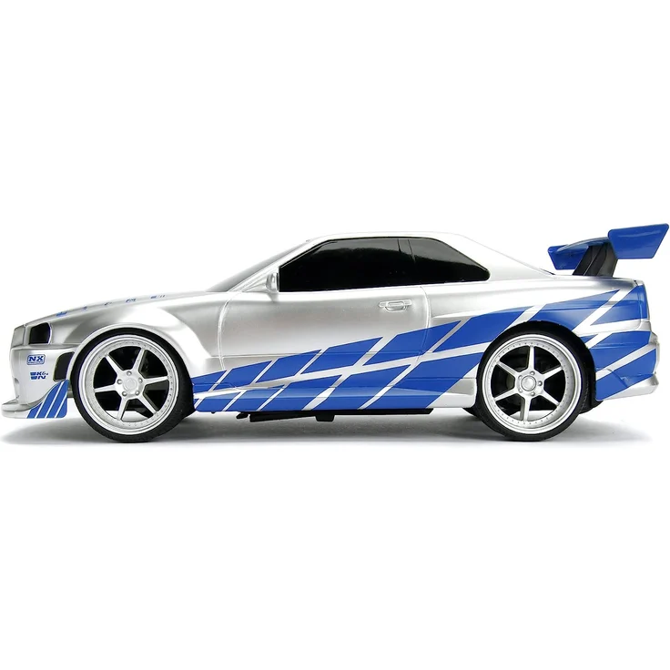 Jada Toys Fast & Furious RC-Auto, 2002 Nissan Skyline GT-R, R34, Ferngesteuertes Auto, Turbofunktion, 2-Kanal Funkfernbedienung, USB-Ladefunktion, inkl. Batterien, 1:16, blau/Silber – Bild 3