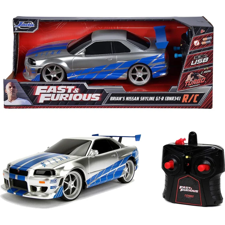 Jada Toys Fast & Furious RC-Auto, 2002 Nissan Skyline GT-R, R34, Ferngesteuertes Auto, Turbofunktion, 2-Kanal Funkfernbedienung, USB-Ladefunktion, inkl. Batterien, 1:16, blau/Silber – Bild 7