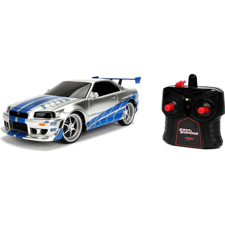 Jada Toys Fast & Furious RC-Auto, 2002 Nissan Skyline GT-R, R34, Ferngesteuertes Auto, Turbofunktion, 2-Kanal Funkfernbedienung, USB-Ladefunktion, inkl. Batterien, 1:16, blau/Silber – Bild 1