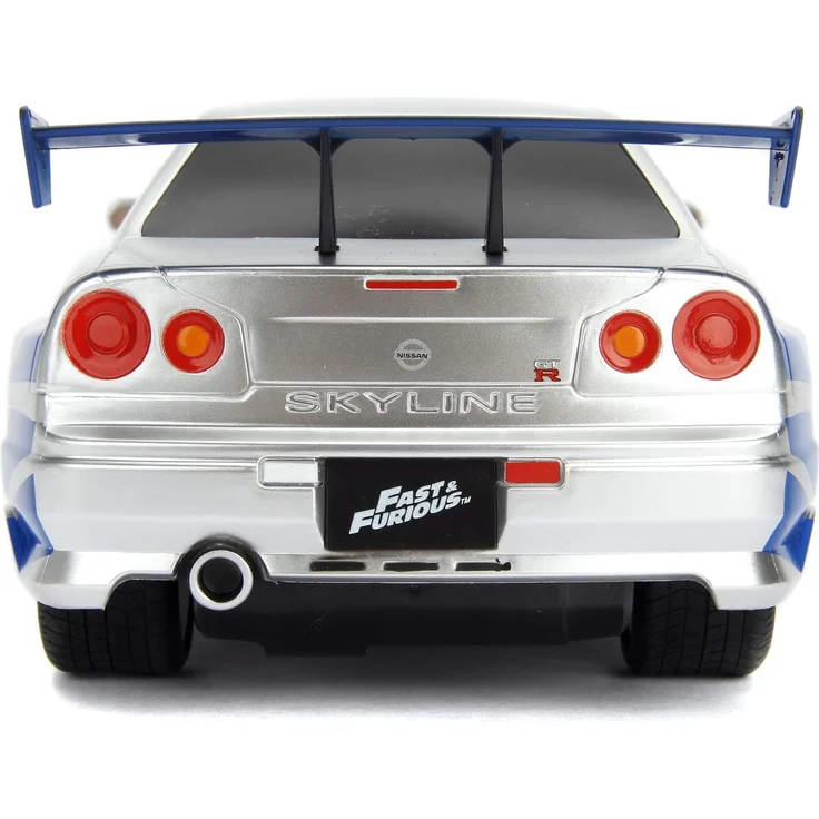 Jada Toys Fast & Furious RC-Auto, 2002 Nissan Skyline GT-R, R34, Ferngesteuertes Auto, Turbofunktion, 2-Kanal Funkfernbedienung, USB-Ladefunktion, inkl. Batterien, 1:16, blau/Silber – Bild 4