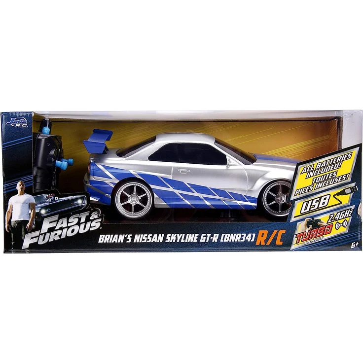 Jada Toys Fast & Furious RC-Auto, 2002 Nissan Skyline GT-R, R34, Ferngesteuertes Auto, Turbofunktion, 2-Kanal Funkfernbedienung, USB-Ladefunktion, inkl. Batterien, 1:16, blau/Silber – Bild 9