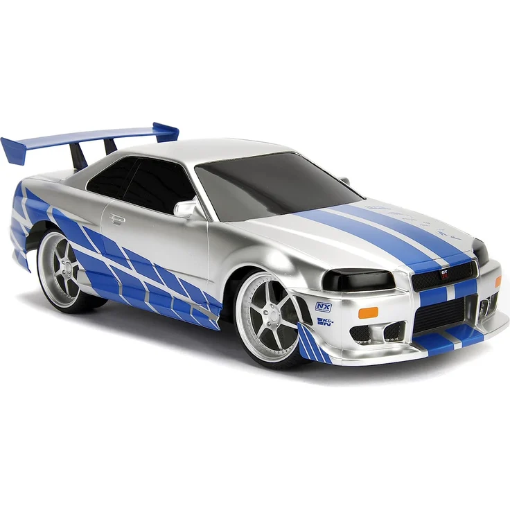 Jada Toys Fast & Furious RC-Auto, 2002 Nissan Skyline GT-R, R34, Ferngesteuertes Auto, Turbofunktion, 2-Kanal Funkfernbedienung, USB-Ladefunktion, inkl. Batterien, 1:16, blau/Silber – Bild 5