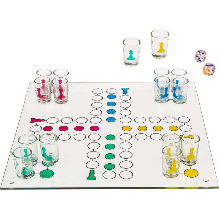 Out of the Blue 79/3943 - Glas Trinkspiel Ludo, mit 16 Gläsern und 2 Würfeln, Spielfläche ca. 31 x 31 cm, im Geschenkkarton