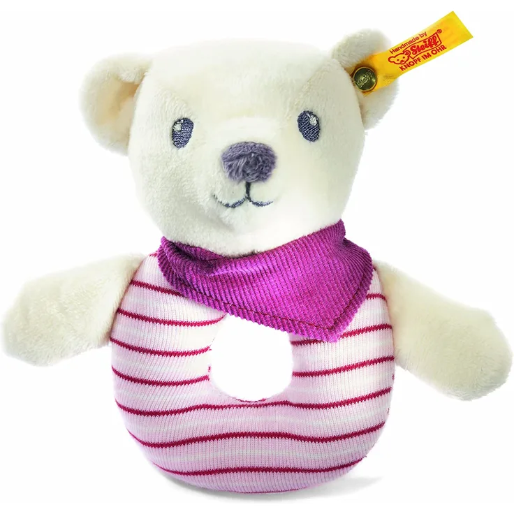 Steiff 238918 - Knuffi Bärchen Greifring mit Rassel, 12 cm, weiß/rosa