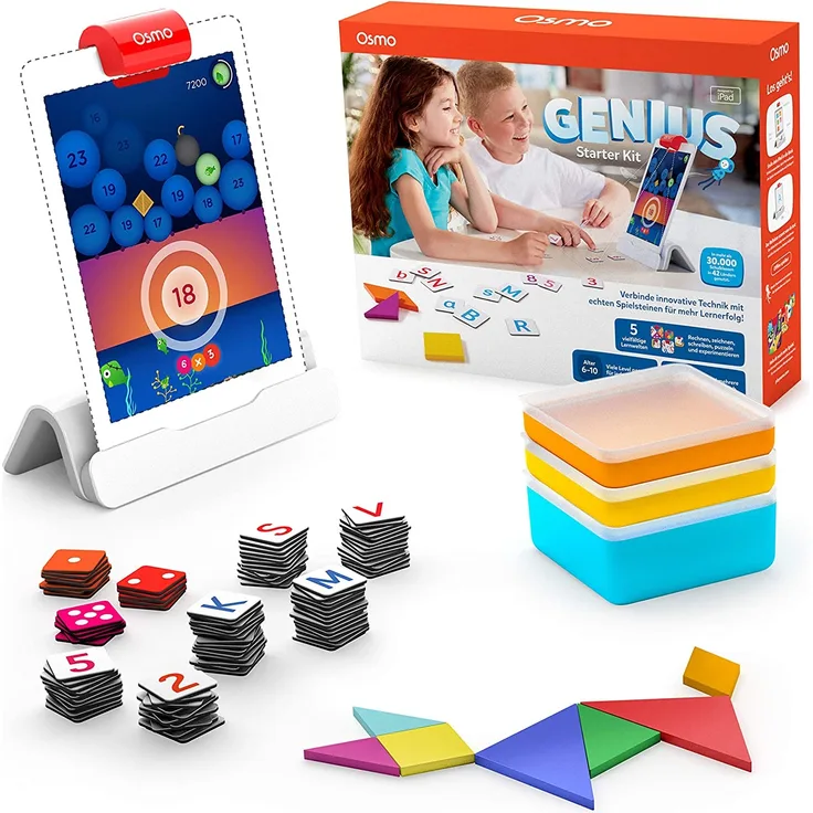 Osmo - Genius Starter Kit für iPad - 6-10 Jahre - Mathematik, Rechtschreibung, Kreativität und mehr - STEM-Spielzeug (Osmo iPad-Basis enthalten), 5 lehrreiche Lernspiele