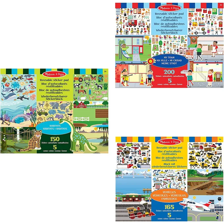 Melissa & Doug | Pack mit 3 | wiederverwendbare Sticker-Blöcken – Meine Stadt, Lebensräume und Fahrzeuge