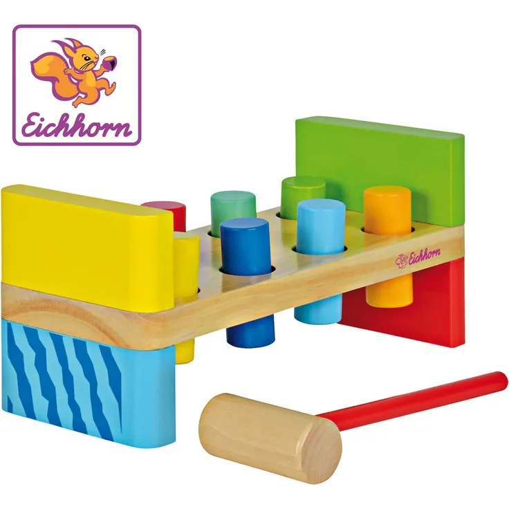 Eichhorn 100002221 - Bunte Klopfbank, enthält: Hammer, 8x Klopfstifte, 10x23,5x11cm, 10-tlg., Kiefernholz, Birkenholz