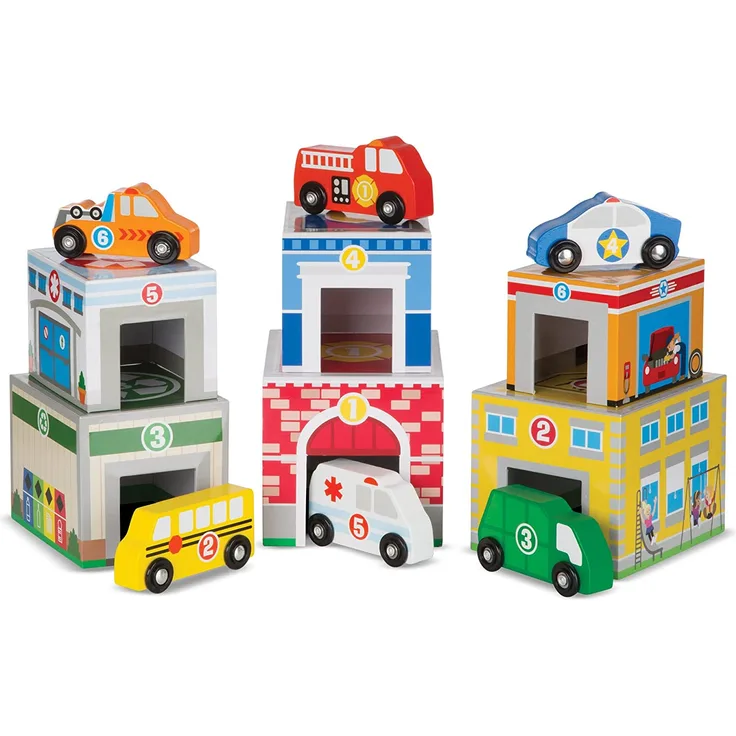 Melissa & Doug Würfel zum Schachteln und Sortieren - 6 Gebäude und 6 Fahrzeuge aus Holz (12 Teile)