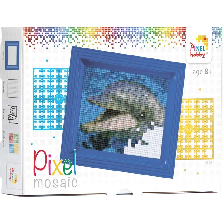 Pixel P31001 Mosaik Geschenkverpackung Delfin, Pixelbild mit Rahmen, kinderleichtes Stecksystem, ohne Bügeln und Kleben, Steinchen aus Biokunststoff