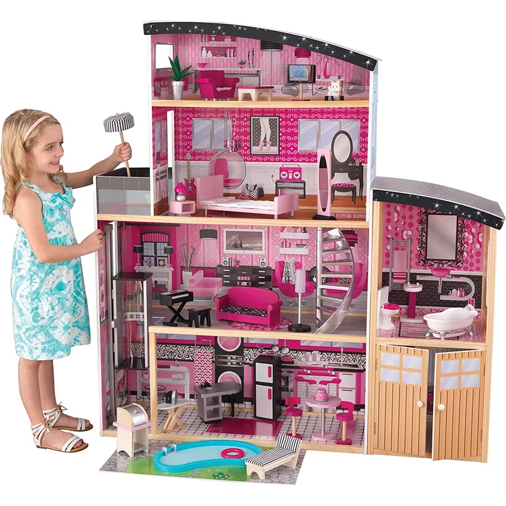 Kidkraft 65826 Möbeln und Zubehör mit Licht-und Soundeffekten Sparkle Mansion Puppenhaus aus Holz, Rosa